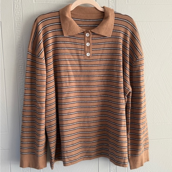 Unbranded Other - Tan Brown Blue Striped Oversized Polo Sweater Womens XL Preppy College Academia